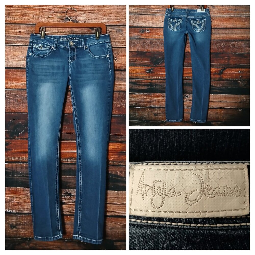 Ariya Jeans 9 10 Low Rise Straight Dark Wash Denim Stretch Flap Pocket